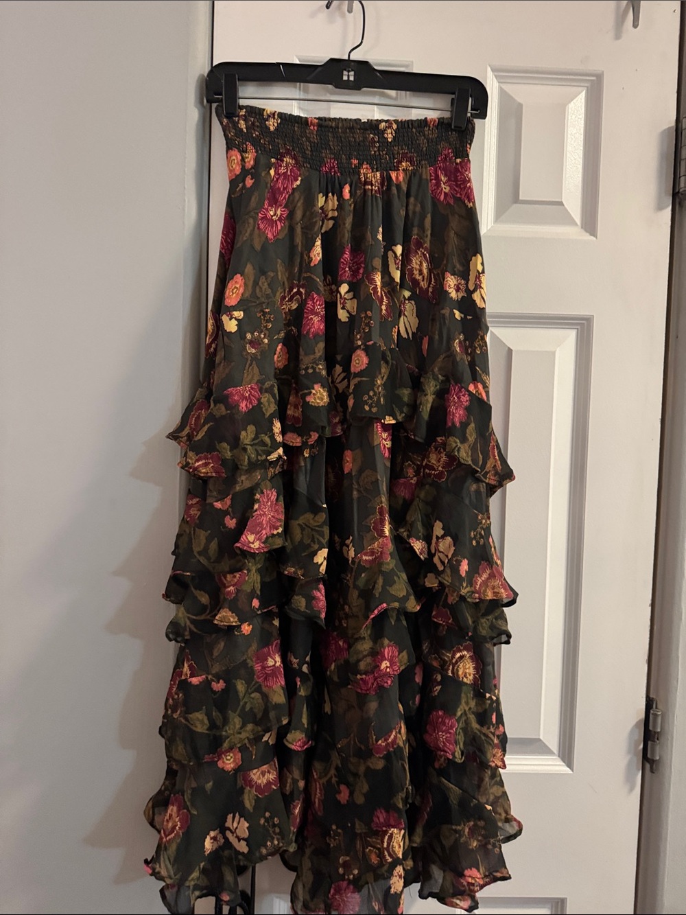 Free People Black Floral High-Low Ruffle Maxi Skirt with Pink & Green Accents - Picture 7 of 10